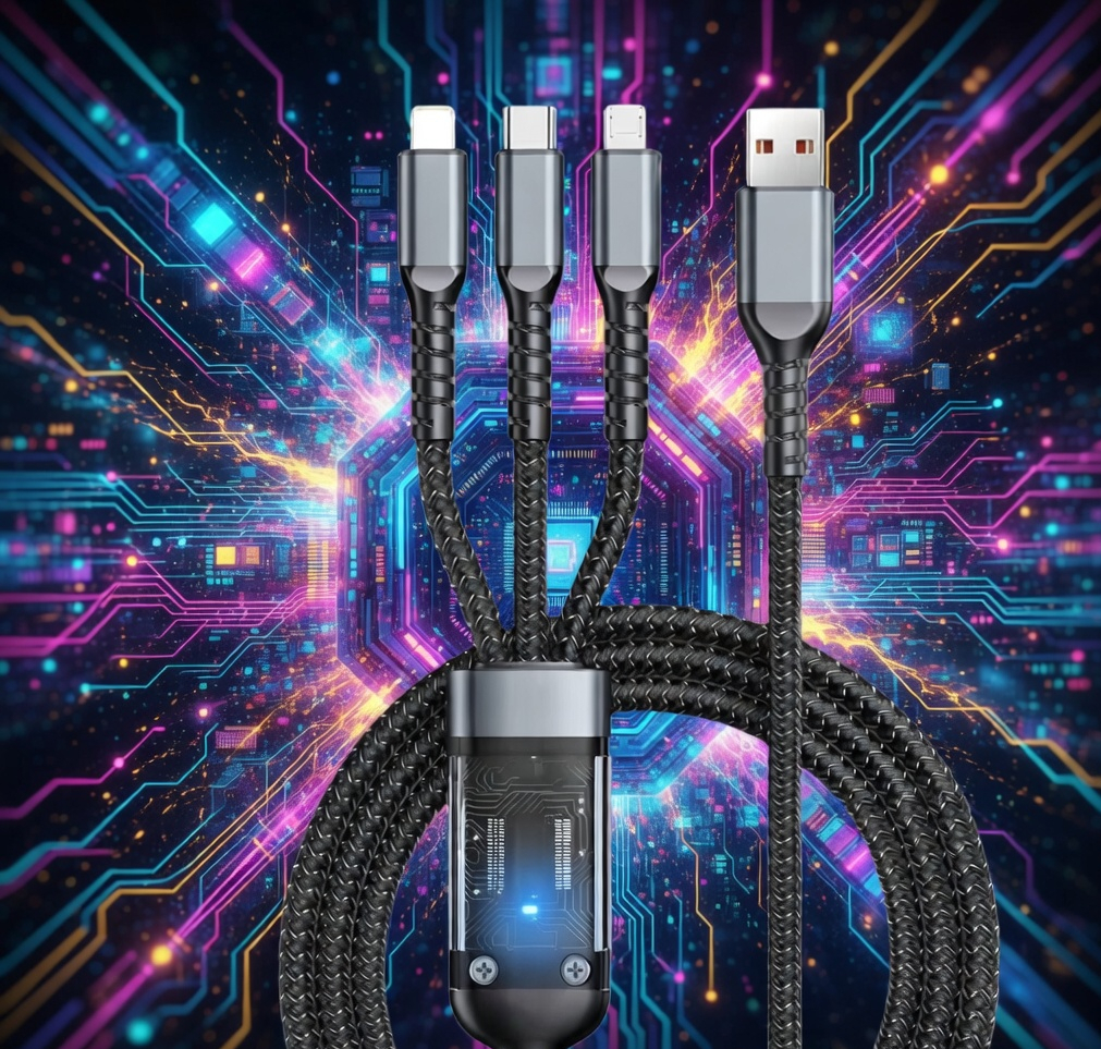 3 in 1 Fast Charging Cable with Display, 100W USB Multi Connector, Braided Nylon Cord with iPhone, USB-C, Micro USB Ports
