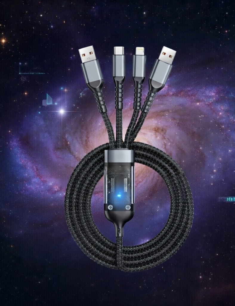 3 in 1 Fast Charging Cable with Display, 100W USB Multi Connector, Braided Nylon Cord with iPhone, USB-C, Micro USB Ports