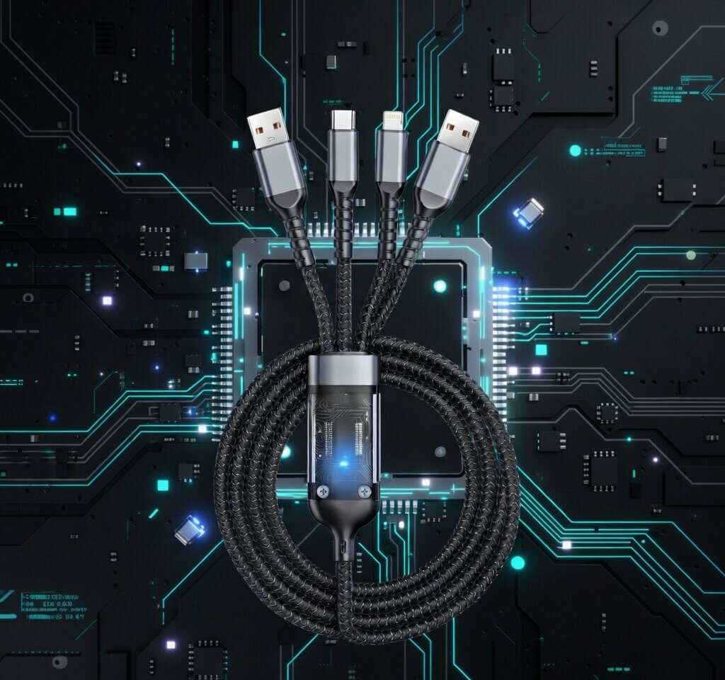 3 in 1 Fast Charging Cable with Display, 100W USB Multi Connector, Braided Nylon Cord with iPhone, USB-C, Micro USB Ports