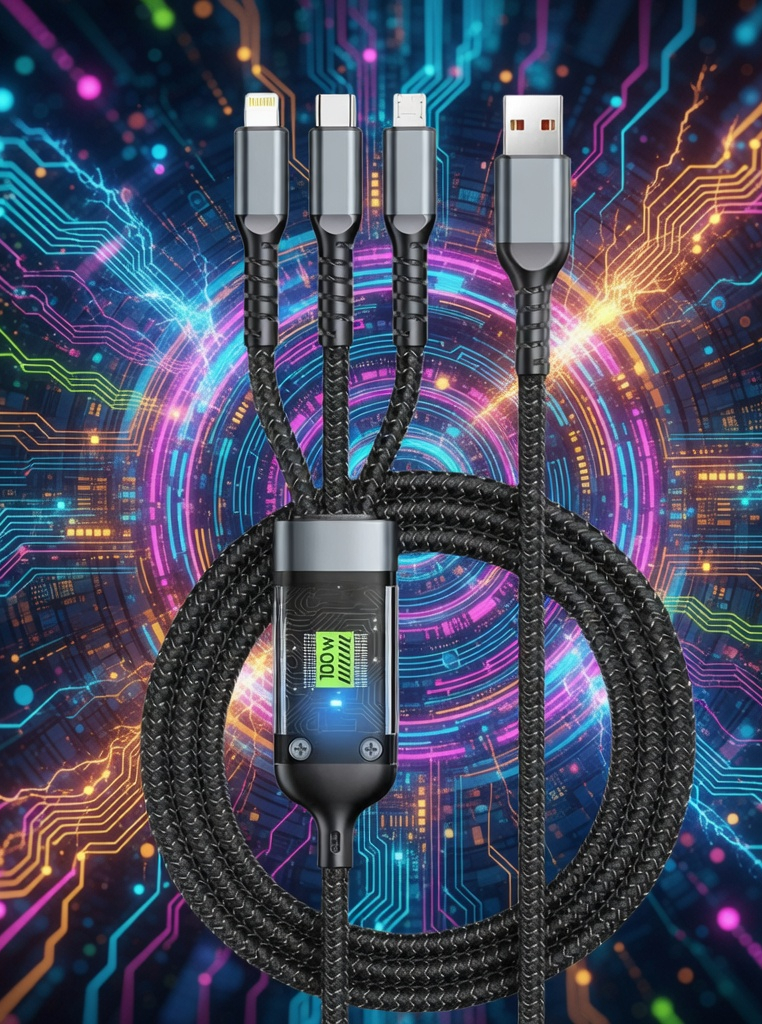 3 in 1 Fast Charging Cable with Display, 100W USB Multi Connector, Braided Nylon Cord with iPhone, USB-C, Micro USB Ports