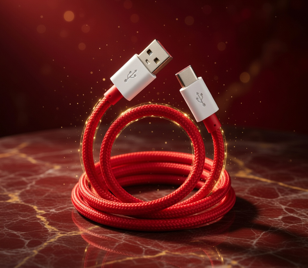 USB Type C Fast Charging Cable, Red Cable, 6 Amp Data Sync Cord with White Connectors
