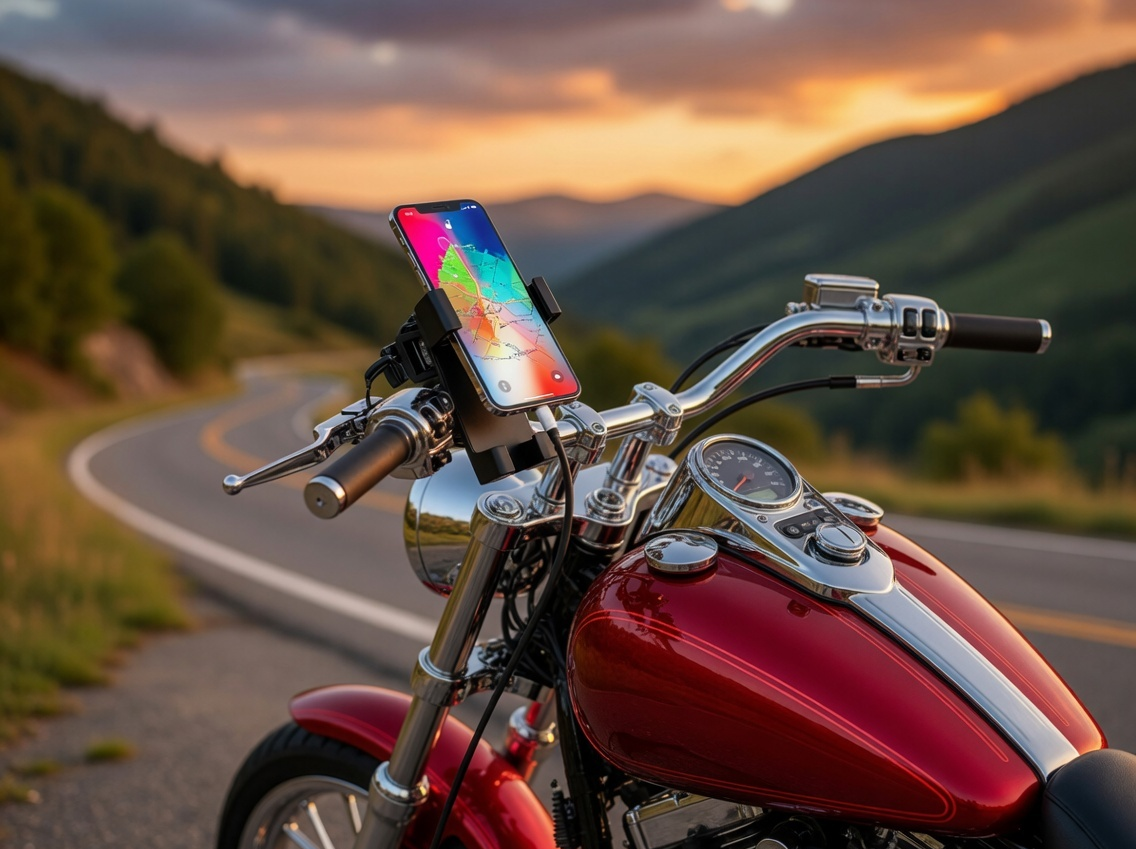 Motorcycle Handlebar Phone Holder with USB Charging Socket, Universal Mount for Smartphones
