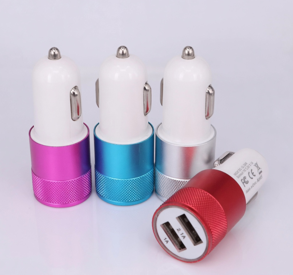 Dual USB Car Charger, 2.1A and 1A Output, Aluminium Body, for 12-24V Vehicles, Red, Blue, Silver, Purple