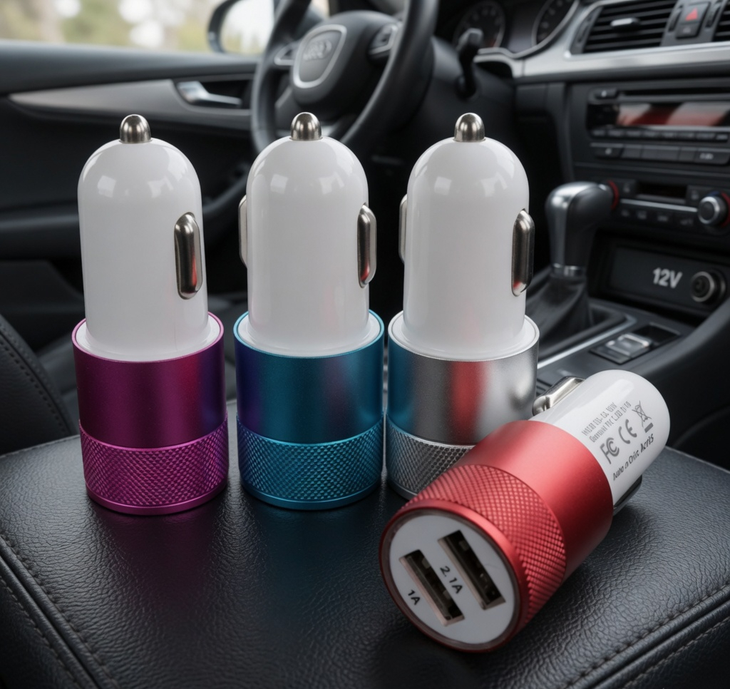 Dual USB Car Charger, 2.1A and 1A Output, Aluminium Body, for 12-24V Vehicles, Red, Blue, Silver, Purple