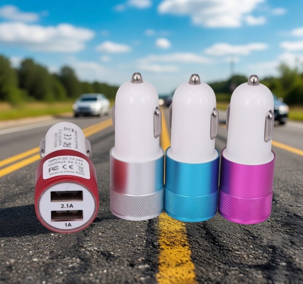 Dual USB Car Charger, 2.1A and 1A Output, Aluminium Body, for 12-24V Vehicles, Red, Blue, Silver, Purple