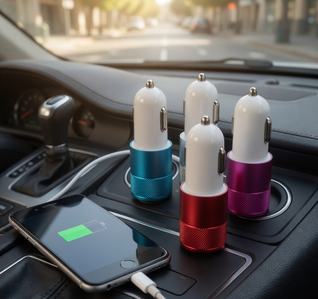 Dual USB Car Charger, 2.1A and 1A Output, Aluminium Body, for 12-24V Vehicles, Red, Blue, Silver, Purple