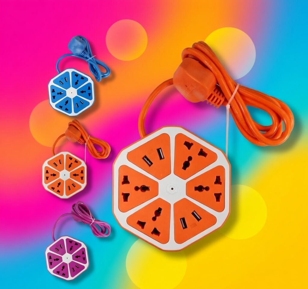 Hexagonal Extension Board with USB Ports and 3 Pin Sockets, Multi Outlet Power Strip with Cord, Orange