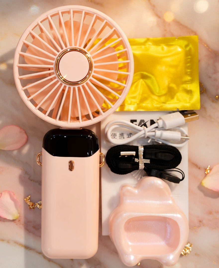 Portable Handheld Mini USB Fan with Phone Holder, LED Display, Neck Strap, Foldable, Rechargeable