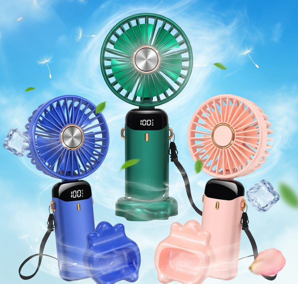 Portable Handheld Mini USB Fan with Phone Holder, LED Display, Neck Strap, Foldable, Rechargeable