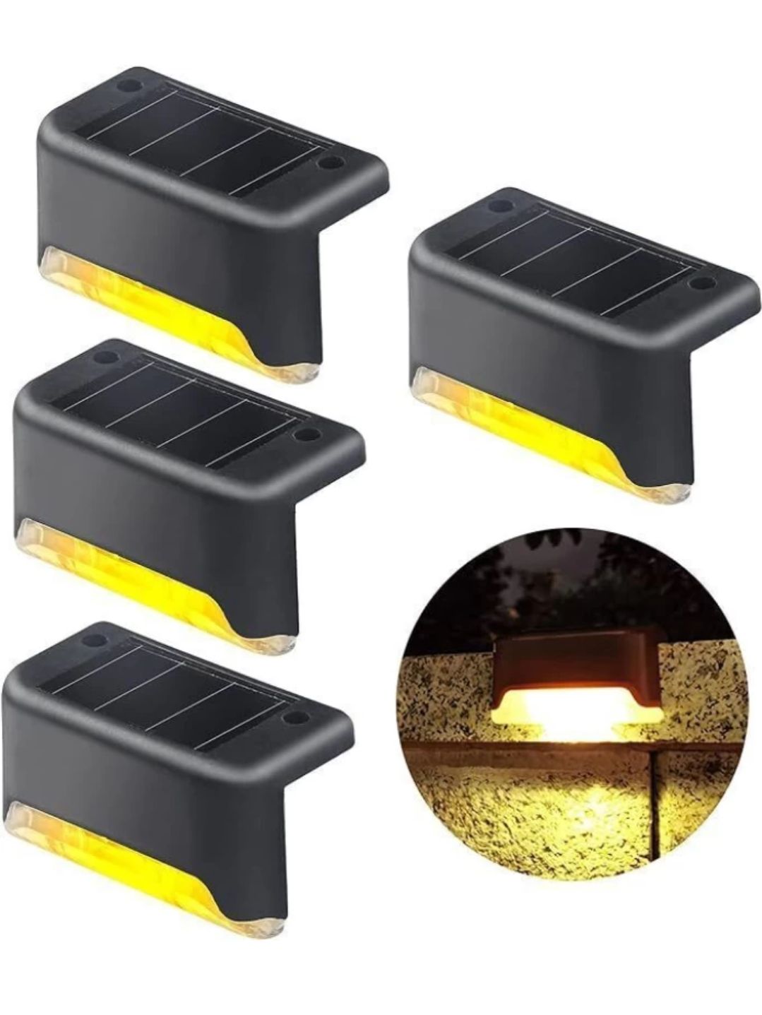 Solar Rechargeable Outdoor Deck Lights, Warm White LED, Auto Dusk to Dawn, for Steps, Stairs and Fence, Pack of 4