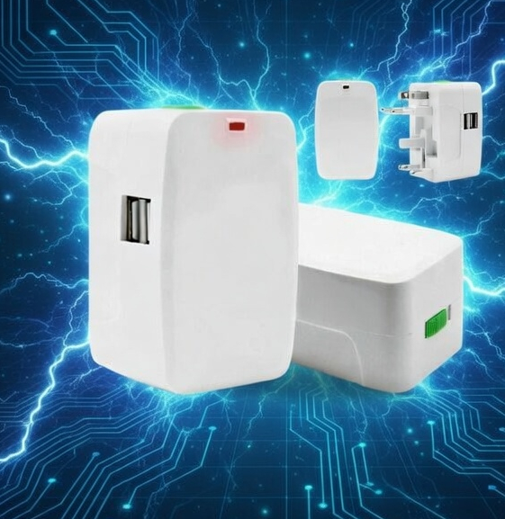 Universal Travel Adaptor with 2 USB Ports, White, Compact Wall Charger for International Use