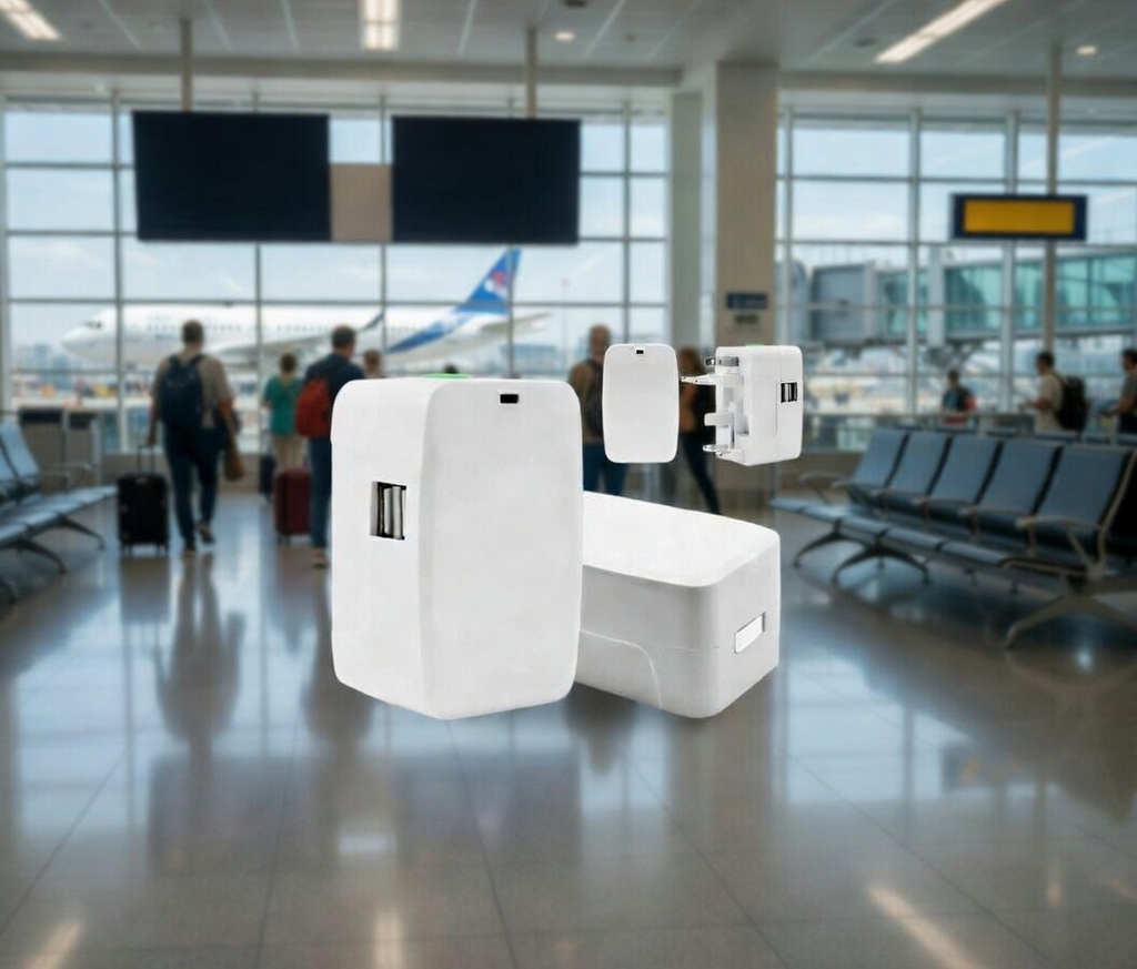 Universal Travel Adaptor with 2 USB Ports, White, Compact Wall Charger for International Use