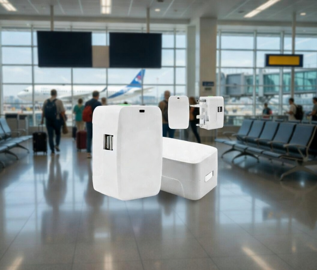 Universal Travel Adaptor with 2 USB Ports, White, Compact Wall Charger for International Use