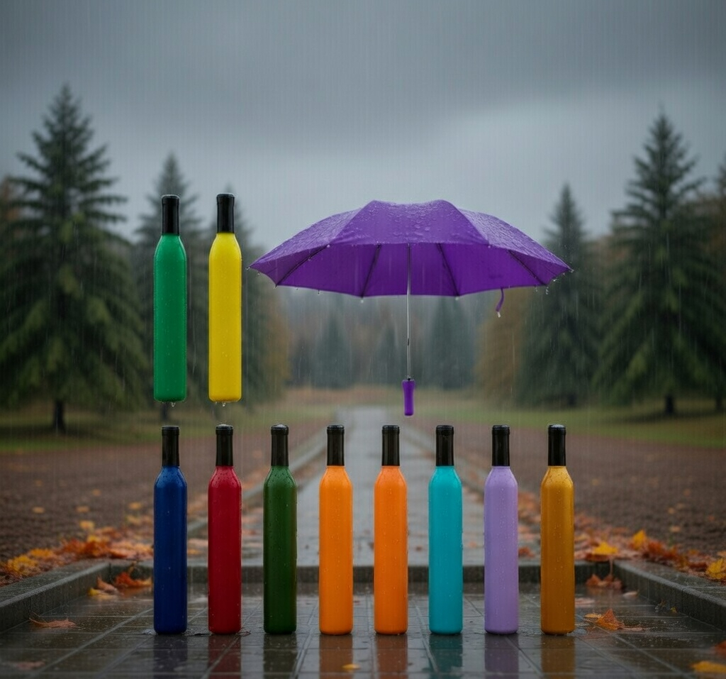 Wine Bottle Shaped Compact Folding Umbrella, Multi-Colour, Portable Travel Umbrella for Rain and Sun