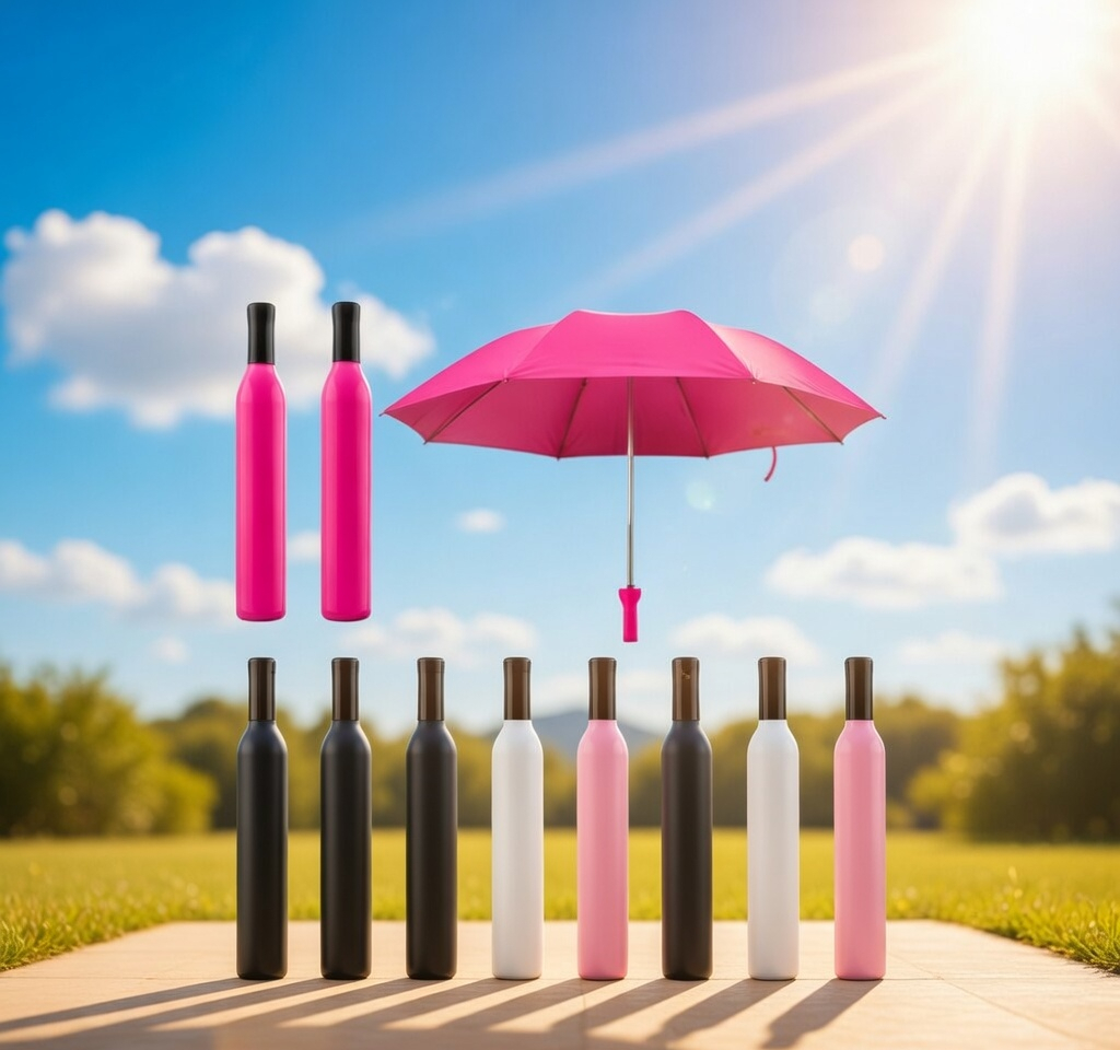 Wine Bottle Shaped Compact Folding Umbrella, Multi-Colour, Portable Travel Umbrella for Rain and Sun