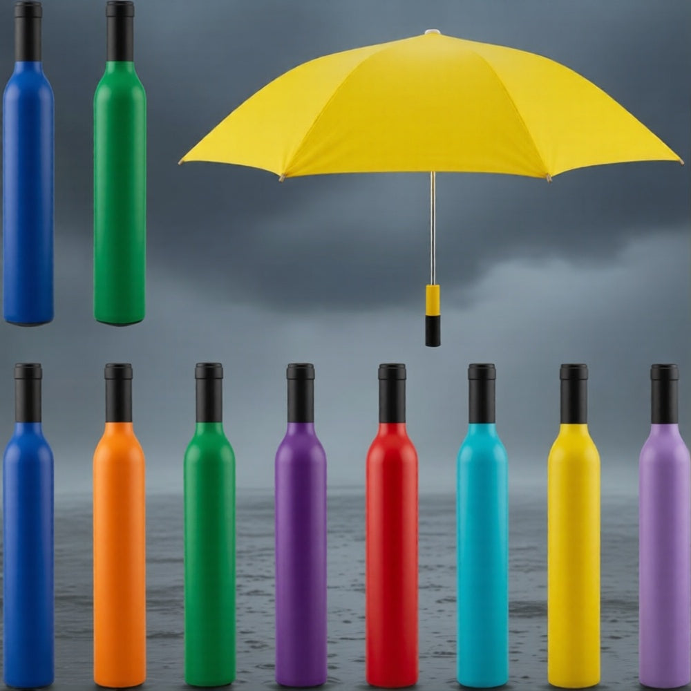 Wine Bottle Shaped Compact Folding Umbrella, Multi-Colour, Portable Travel Umbrella for Rain and Sun