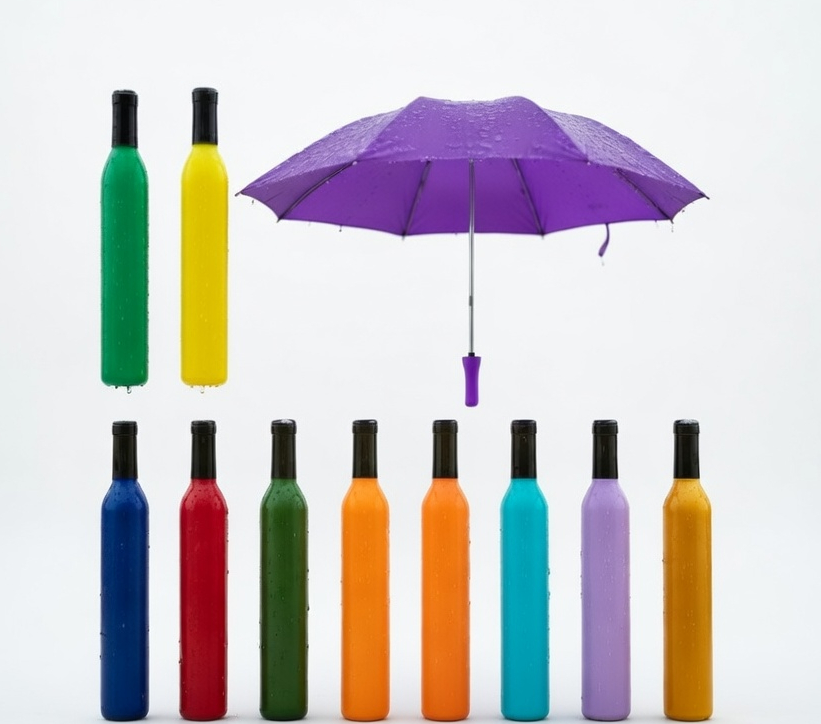 Wine Bottle Shaped Compact Folding Umbrella, Multi-Colour, Portable Travel Umbrella for Rain and Sun