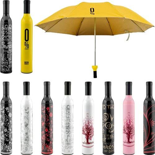 Wine Bottle Shaped Compact Folding Umbrella, Multi-Colour, Portable Travel Umbrella for Rain and Sun