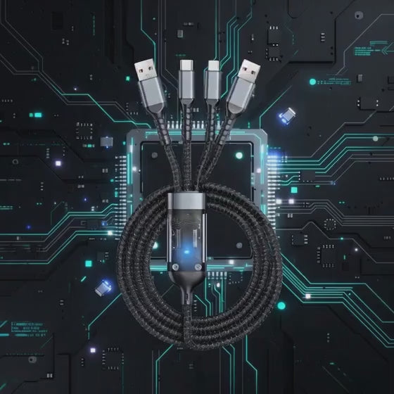 3 in 1 Fast Charging Cable with Display, 100W USB Multi Connector, Braided Nylon Cord with iPhone, USB-C, Micro USB Ports