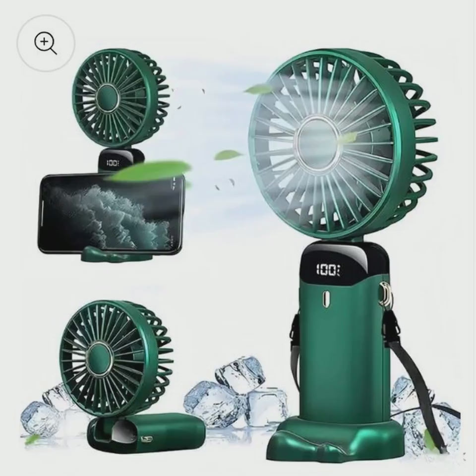 Portable Handheld Mini USB Fan with Phone Holder, LED Display, Neck Strap, Foldable, Rechargeable